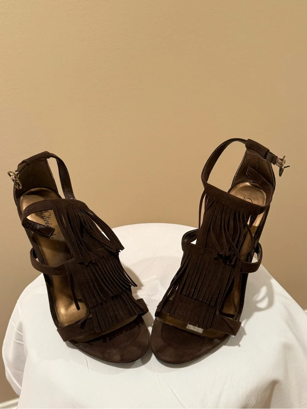 Delicious Brown Suede Multi-Tiered Fringe High Heel Sandals Size 9